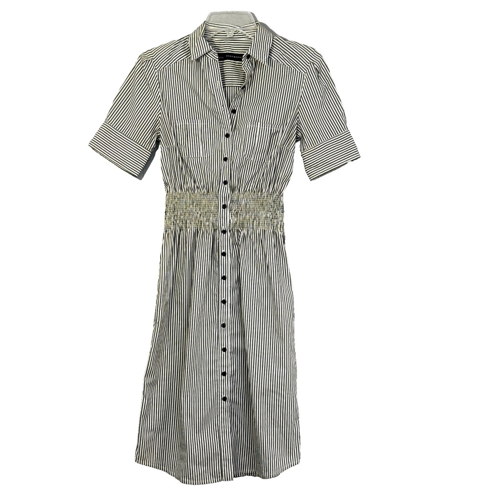 Zara Basic Striped Smocked Shirt Dress Womens Size S Black White Preppy Midi‎